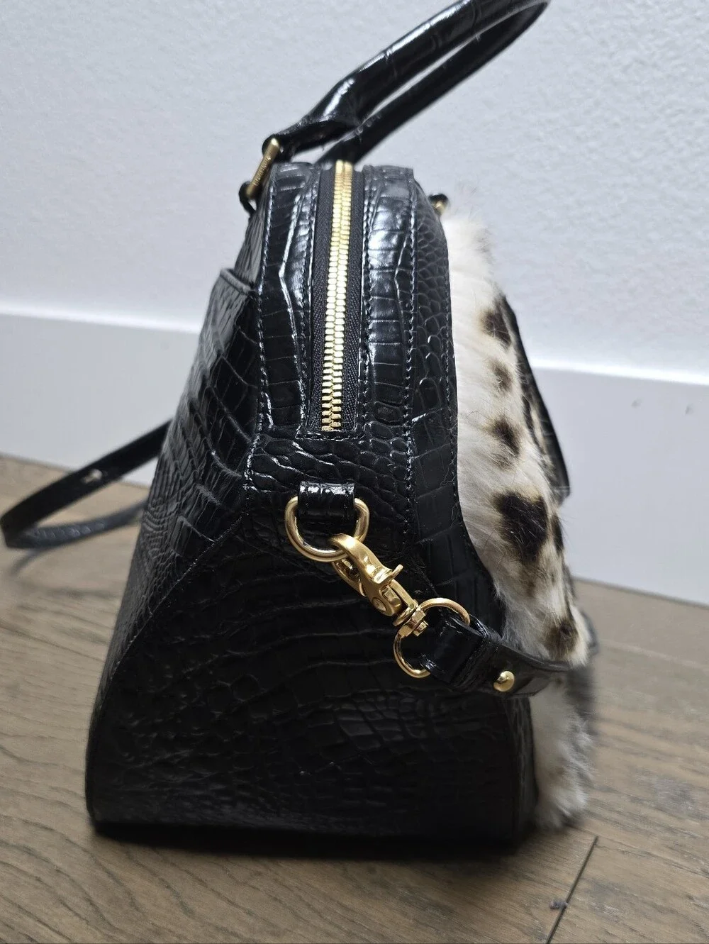 🆕️ Brahmin Hudson Leather Top Handle Satchel in Creme Muse Leopard Rabbit Fur